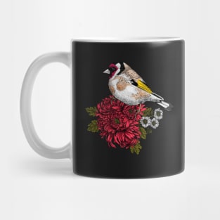 Goldfinch on chrysanthemum bouquet Mug